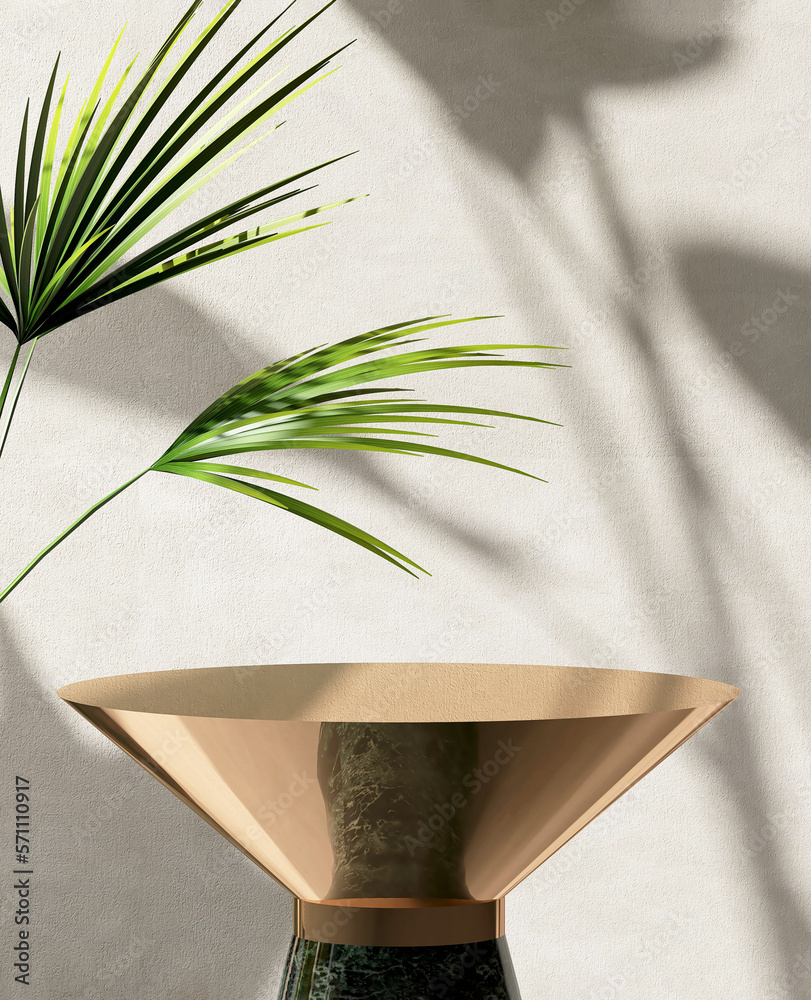 Round empty shiny gold podium table, green bamboo palm tree in beautiful sunlight, leaf shadow on wh