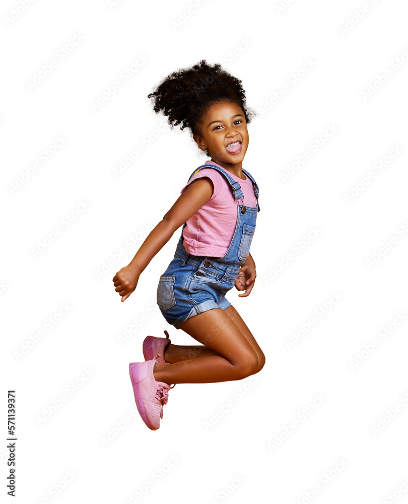 A mixed race cute little girl  jumping into the air with her hands raised. Happy and carefree kid ho