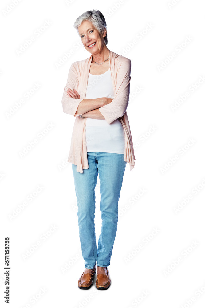 A full length of a cheerful middle age woman in grey hair with her hands crossed isolated on a png b