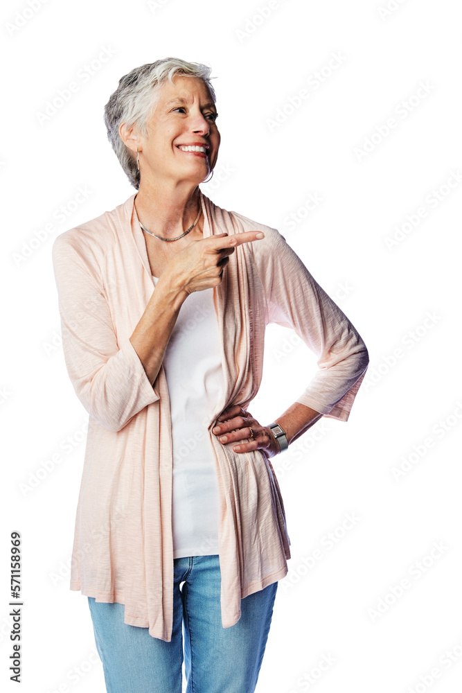 A gray haired woman looking excited and surprised pointing to the side to copy space isolated on a p