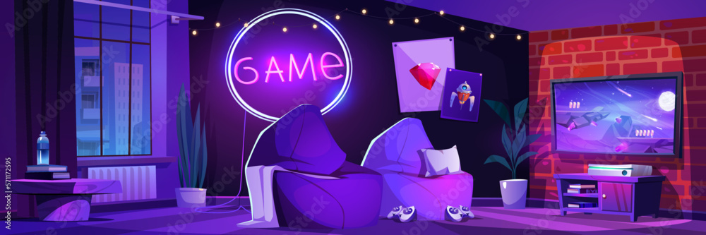 Gamer room interior at night. Vector cartoon illustration of dark teen bedroom with video game on tv