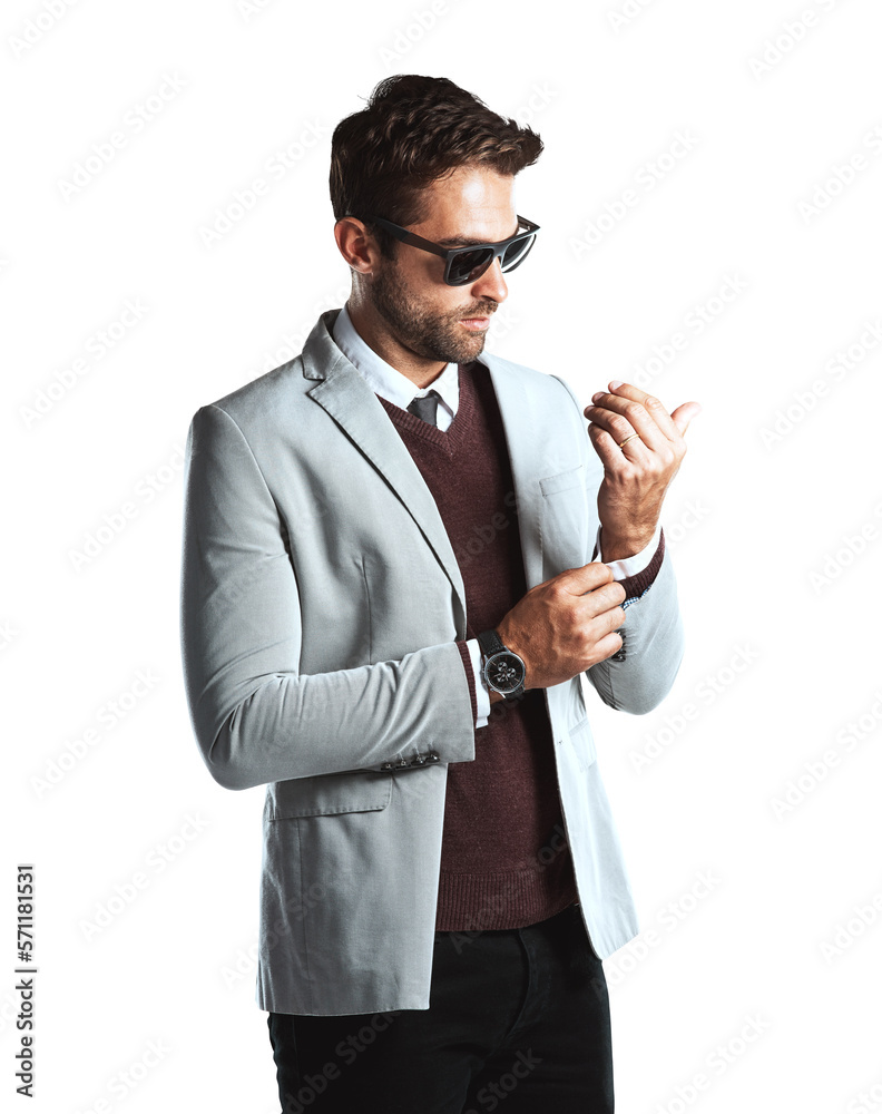 A stylish young trim bearded handsome businessman adjusting his suit sleeves posing isolated on a pn