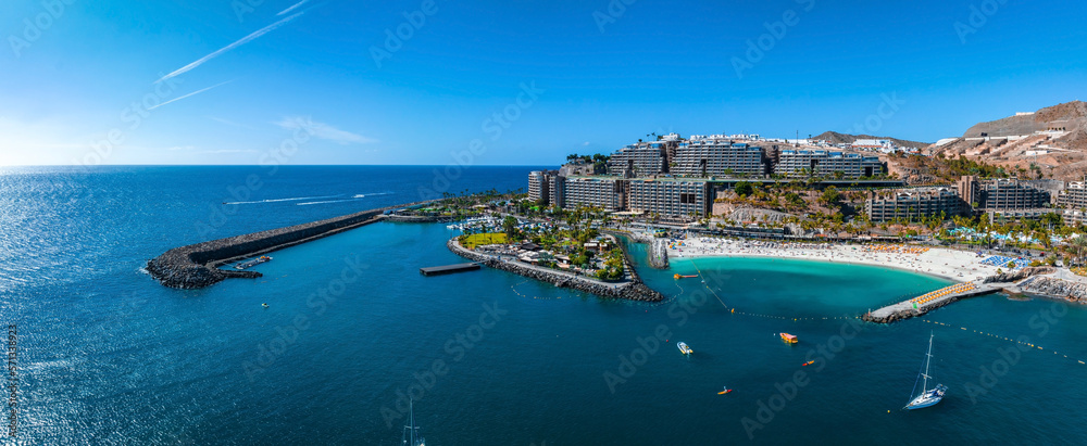 Beautiful aerial landscape with Anfi beach and resort, Gran Canaria, Spain. Luxury hotels, turquoise