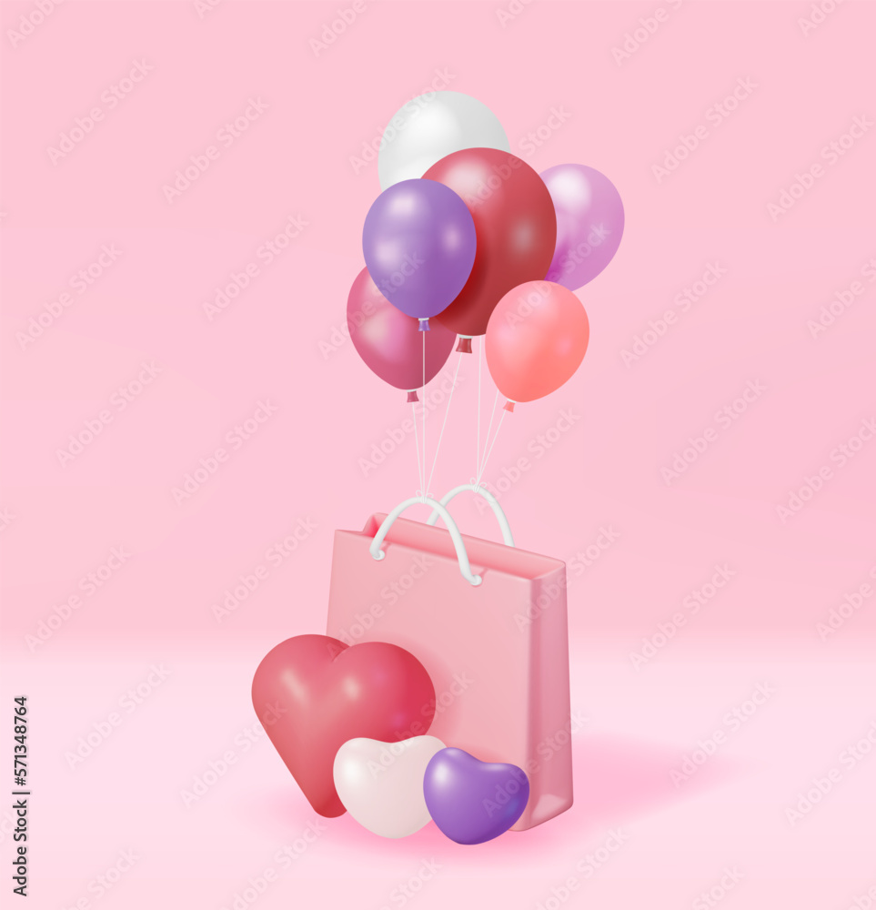 3D Pink Shopping Bag with Balloon Hearts. Render Gift Handbag with Handle and Hearts. Valentine Day,