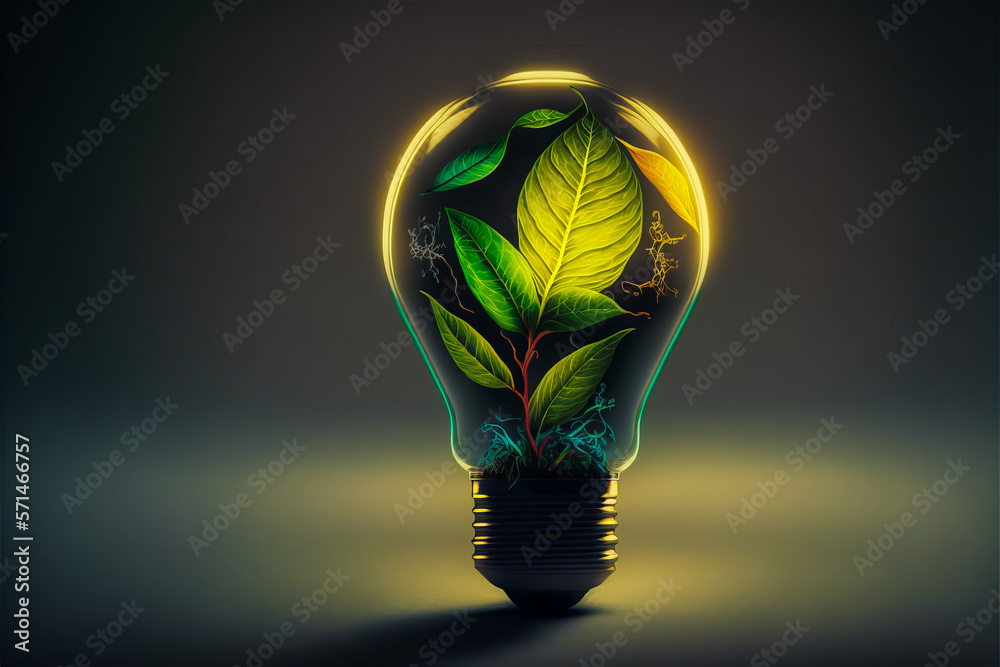 The bulb houses a green leaf, symbolizing the growth and innovation of clean energy. A brightly colo