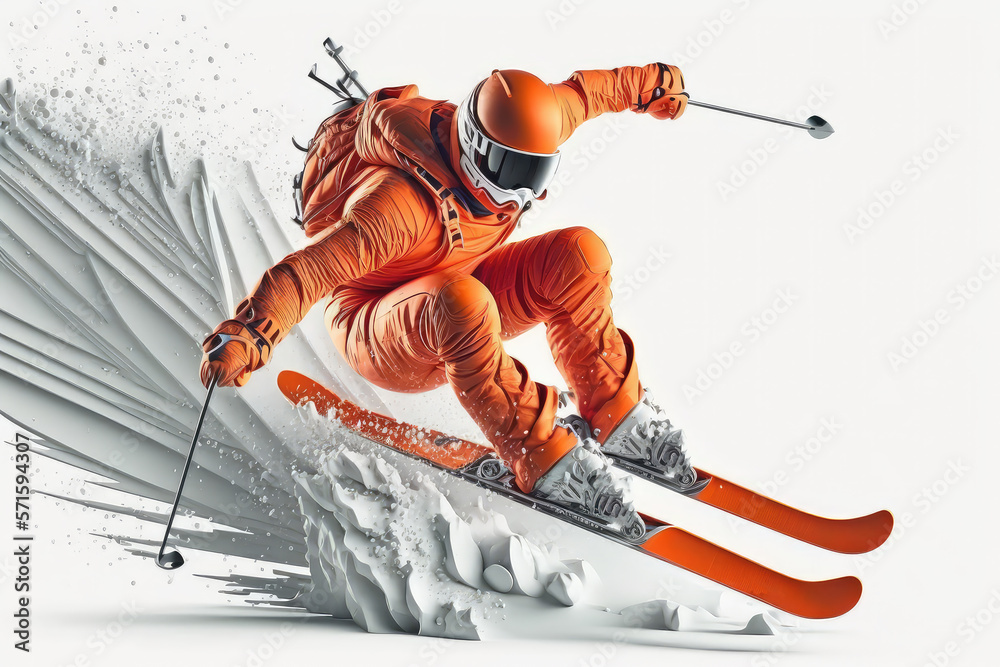 Realistic of a skiing on white background. The skier man doing a trick. Carving 3d illustration (ai 