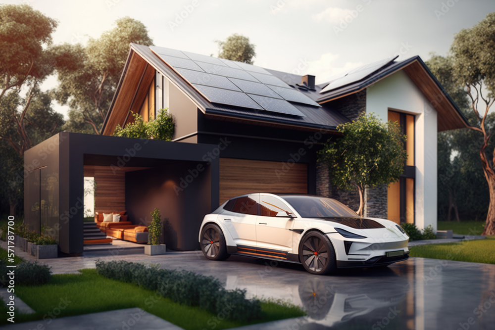 The electric car is charging near the house. A house with solar panels on the roof. Generative AI