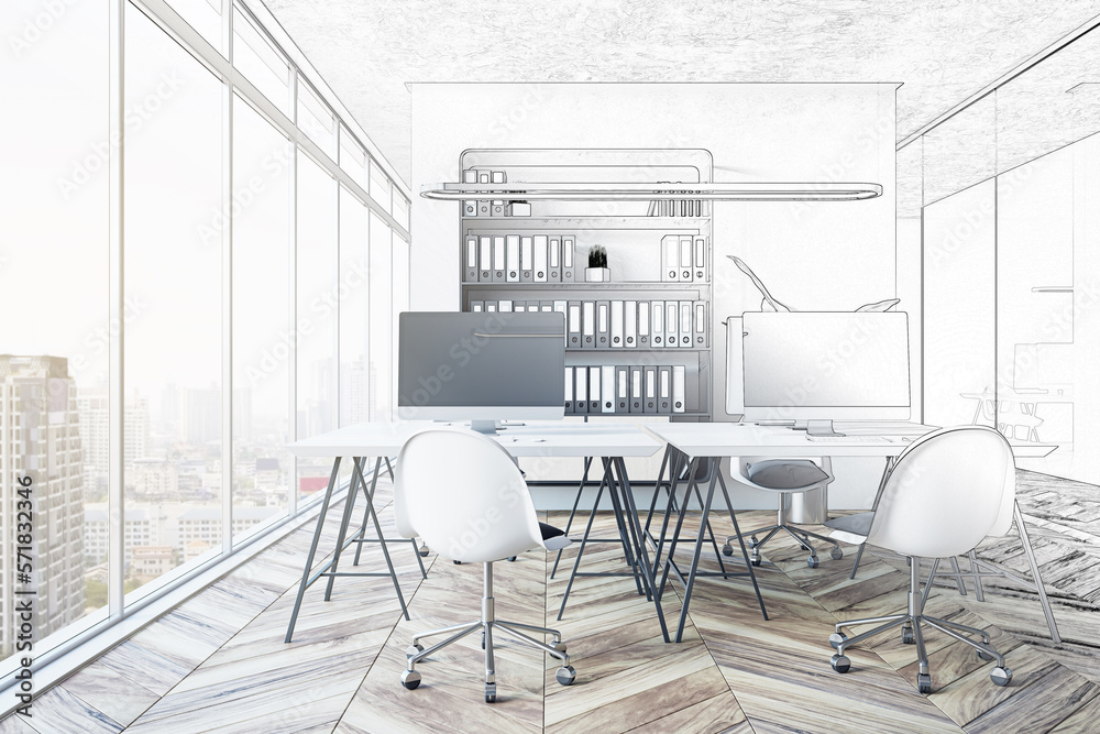 Sketch of contemporary glass office interior with wooden flooring, furniture, window with city view 