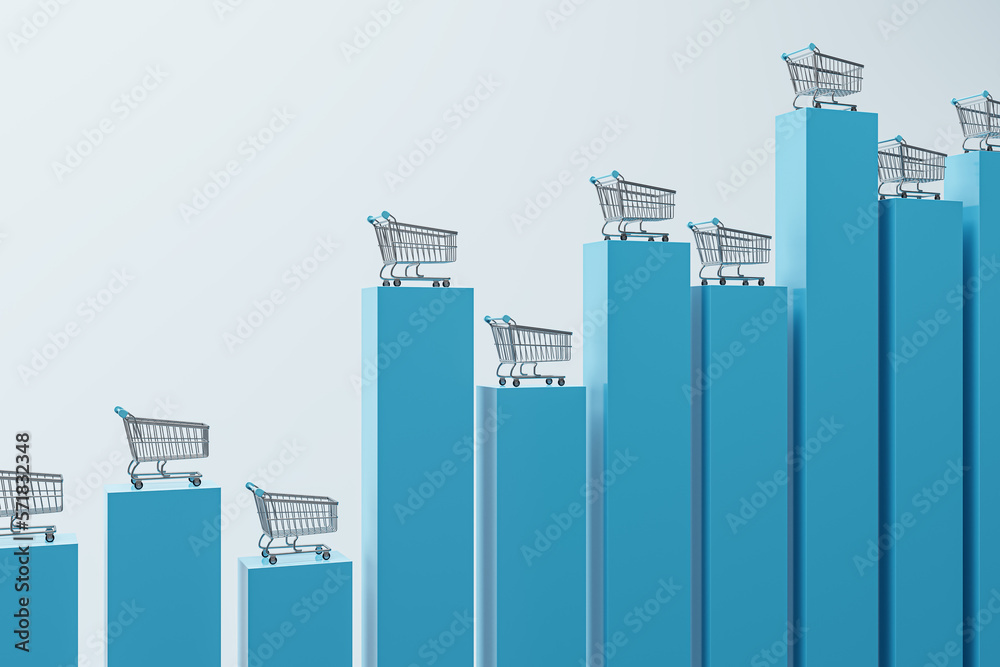 Consumer price index and basket goods concept with front view on metallic shopping trolleys on tops 