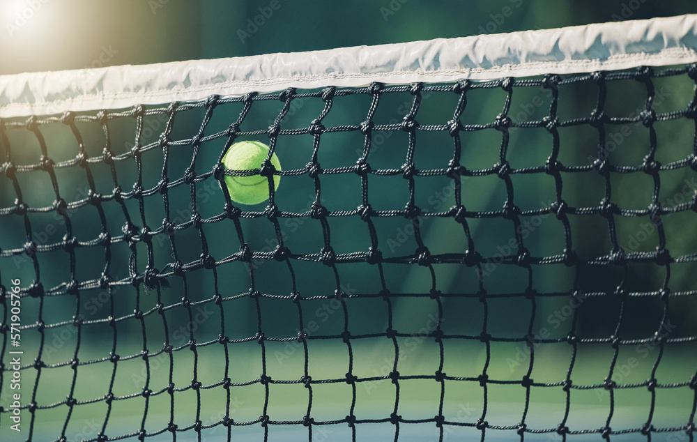 Tennis ball, air and net outdoor with space for mockup, blurred background and sunshine. Summer, spo