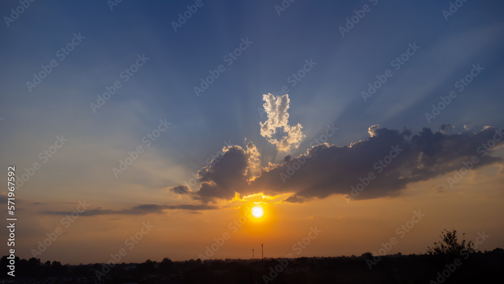 Amazing panoramic sunrise or sunset sky with gentle colorful clouds. Long panorama, crop it. 