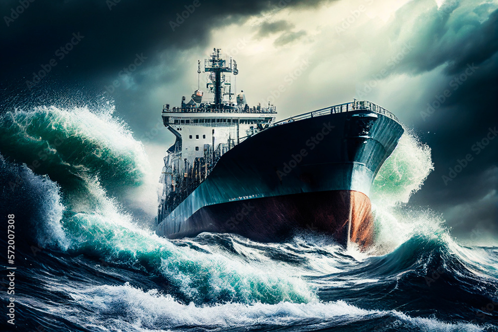 Create a dramatic image of an oil tanker ship battling rough seas and stormy weather, conveying the 