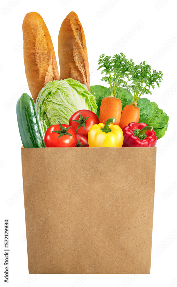 Freshly vegetables and Delicious baguette bread in paper bag isolated on white background, Chinese C