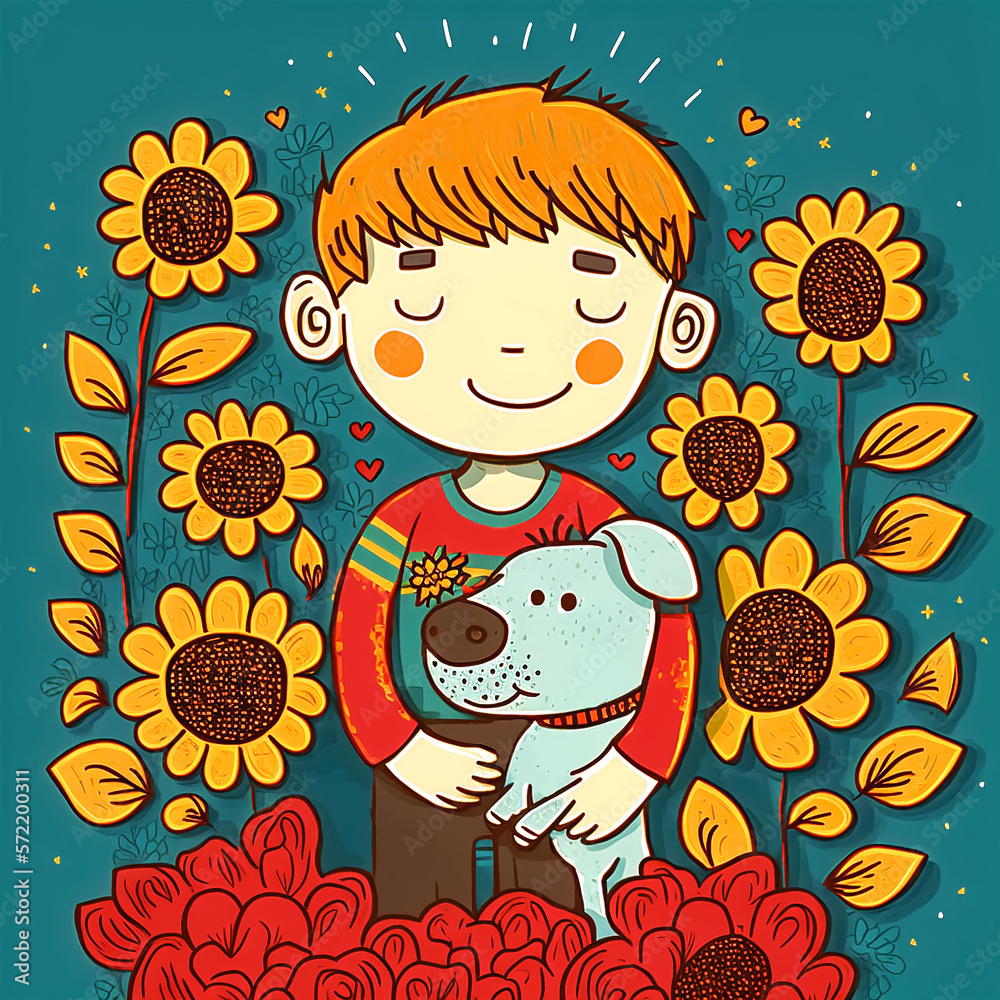 Boy with a dog and sunflowers. Illustration in cartoon style.