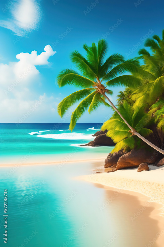 Beautiful seascape tropical beach with yellow sand and palm tree leaning towards turquoise water of 