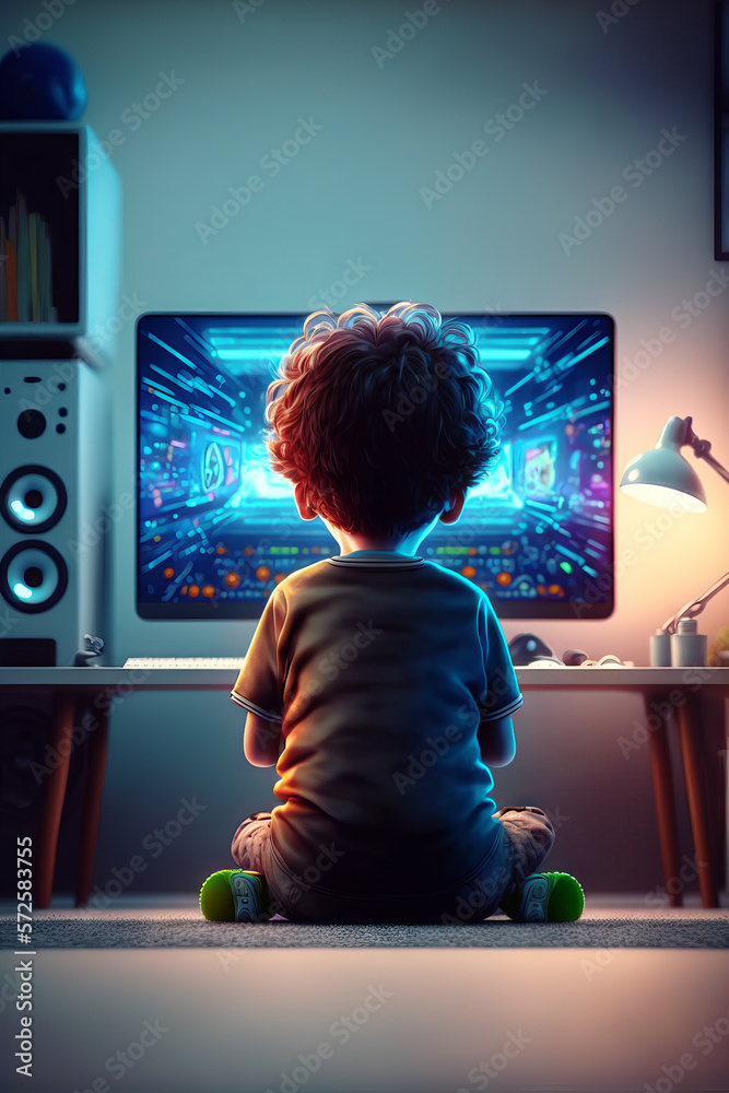 Kid playing video games in his room. Back view of a child sitting in front of a monitor. Colorful bl