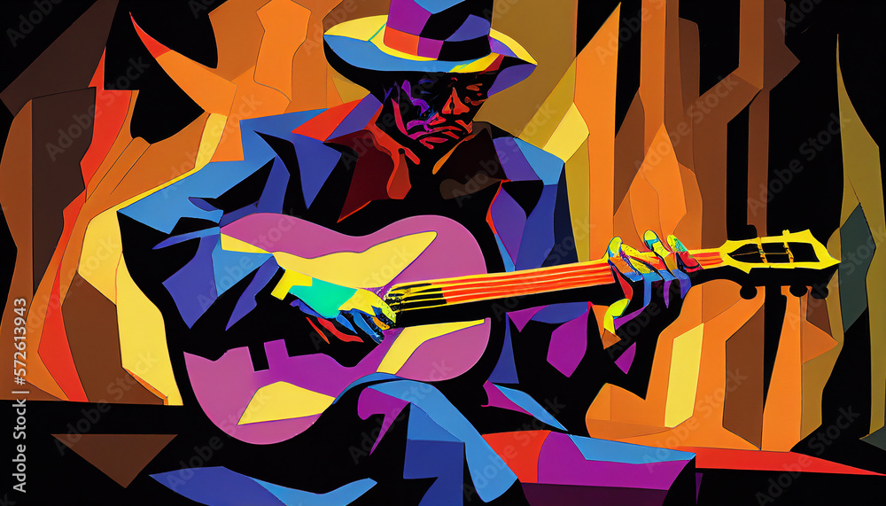 Afro-American male musician guitarist playing a guitar in an abstract cubist style painting for a po