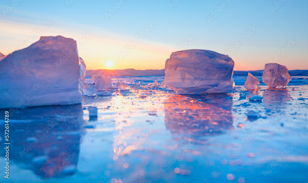 Frozen lake Baikal in winter season at amazing sunset -  Baikal lake, Siberia, Russia
