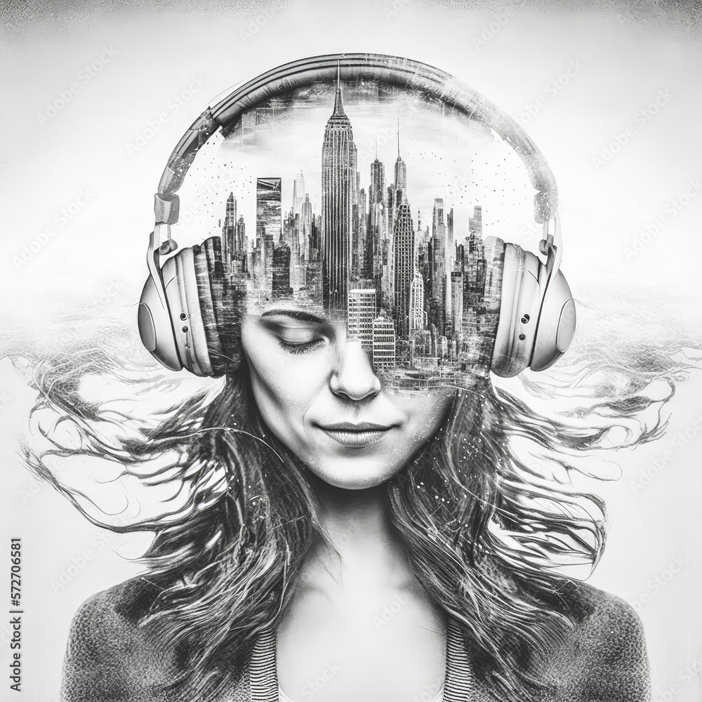 Sedate double exposure portrait of happy beautiful girl enjoying music in headphone concept with urb