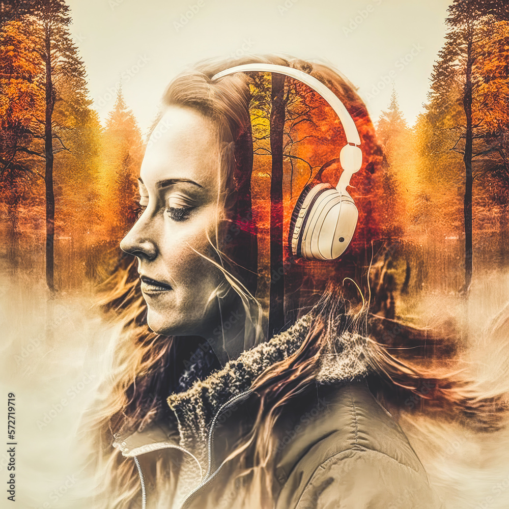 Sedate female portrait wearing headphone enjoying herself with music or ambient sound of nature in a