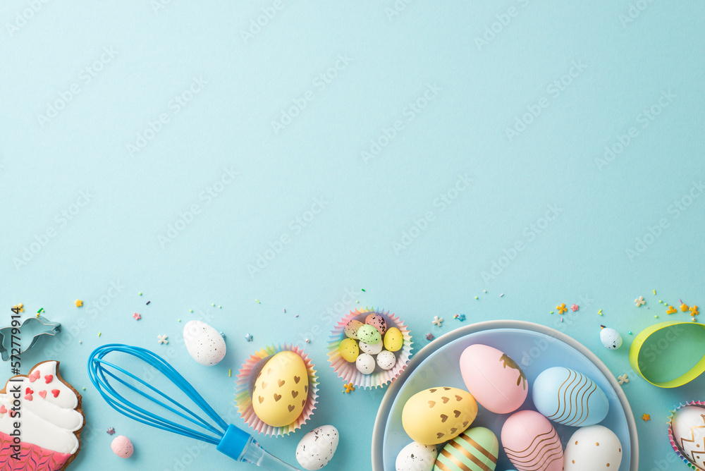 Easter cooking concept. Top view photo of colorful easter eggs in plate whisk paper baking molds cup