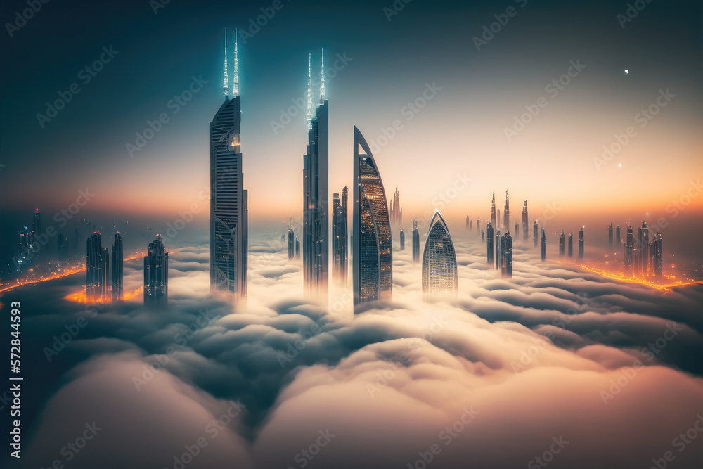 Top of skyscrapers building high above the clouds in the morning sunrise . Futuristic architecture o