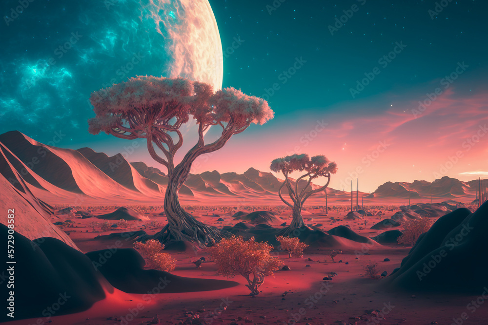Fantastic dreamy alien landscape, pastel colored. Created with Generative AI technology.