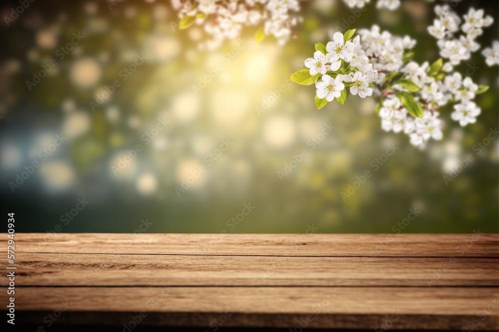 Empty table for product display with flower spring blur background . Sublime Generative AI image .