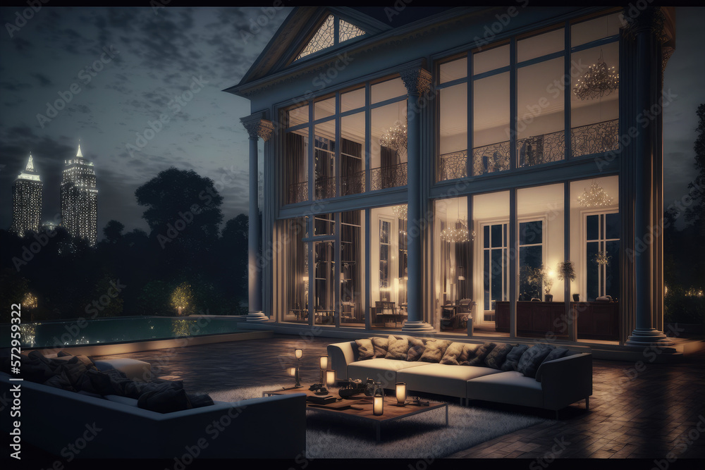 Luxury house with sitting area at night . Modern design of home architecture exterior. Peculiar AI g