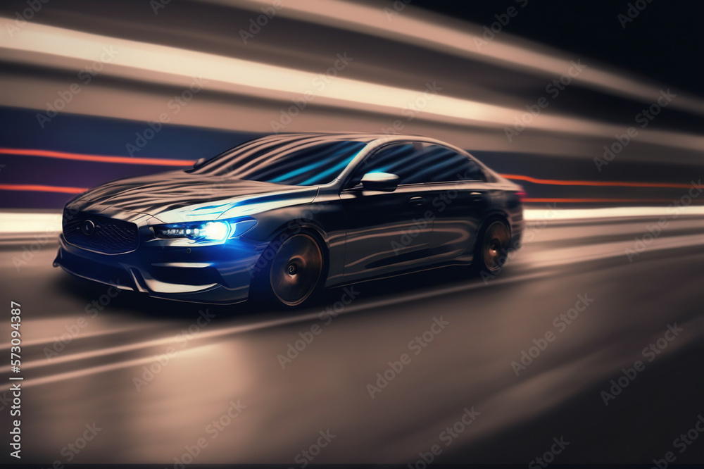 Sports car driving at fast speed on city road with motion blur effect . Sublime Generative AI image 
