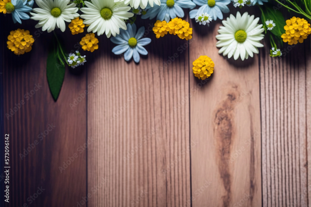 Flat lay view of flower on wood background, vintage color . Sublime Generative AI image .
