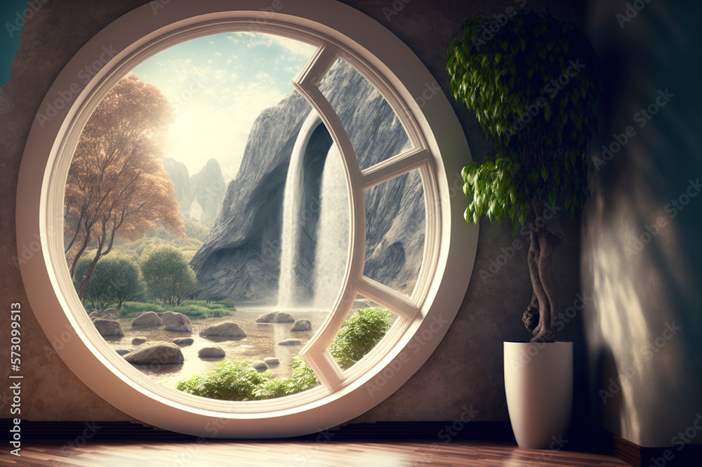 A room with round glass window overlooking beautiful landscape background . Hotel futuristic showroo