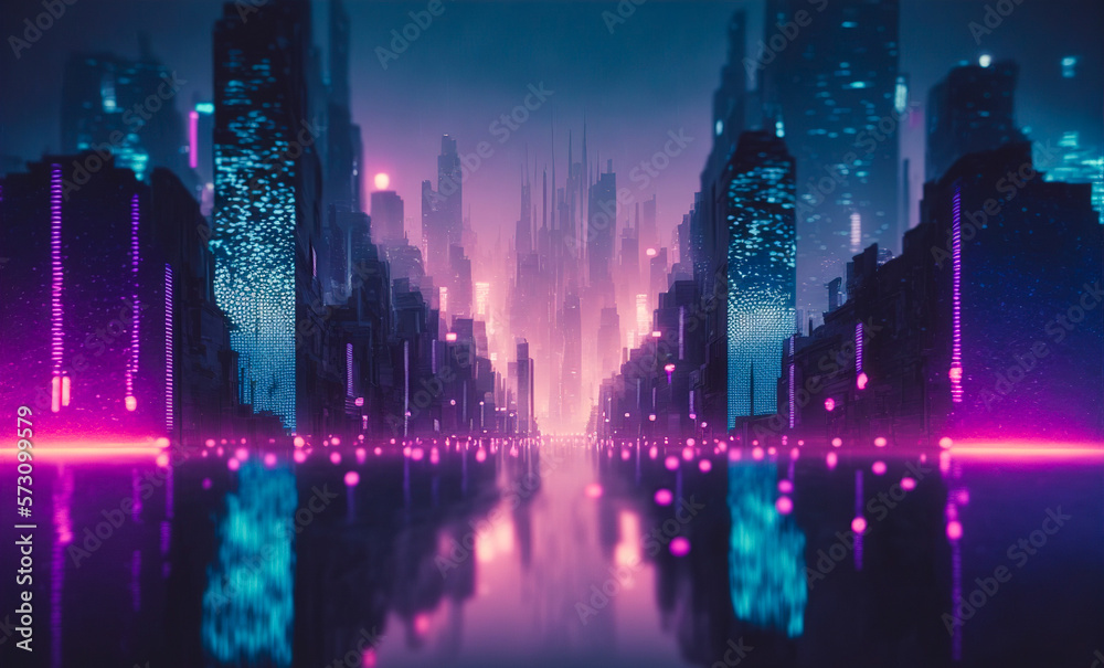Futuristic city with neon light of pink and blue illuminated city street . Sublime Generative AI ima