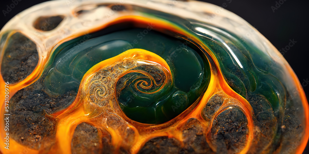 Sedate realistic marco detailed orange and teal alcohol ink ripples pattern in agate design. Closeup