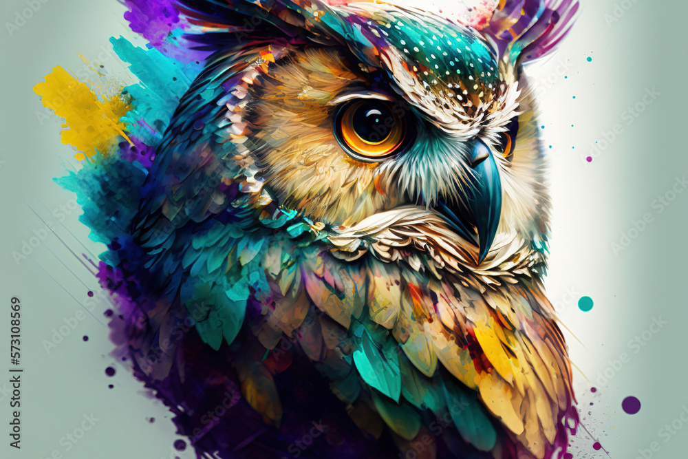 Watercolor painting of owl in style of colorful abstract art . Admirable Generative AI image .