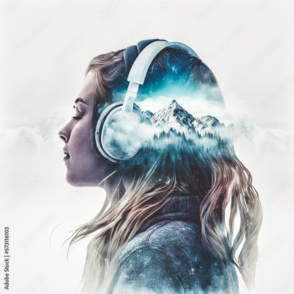Sedate woman in headphone listening to music audio or ambient sound of double exposure snow mountain