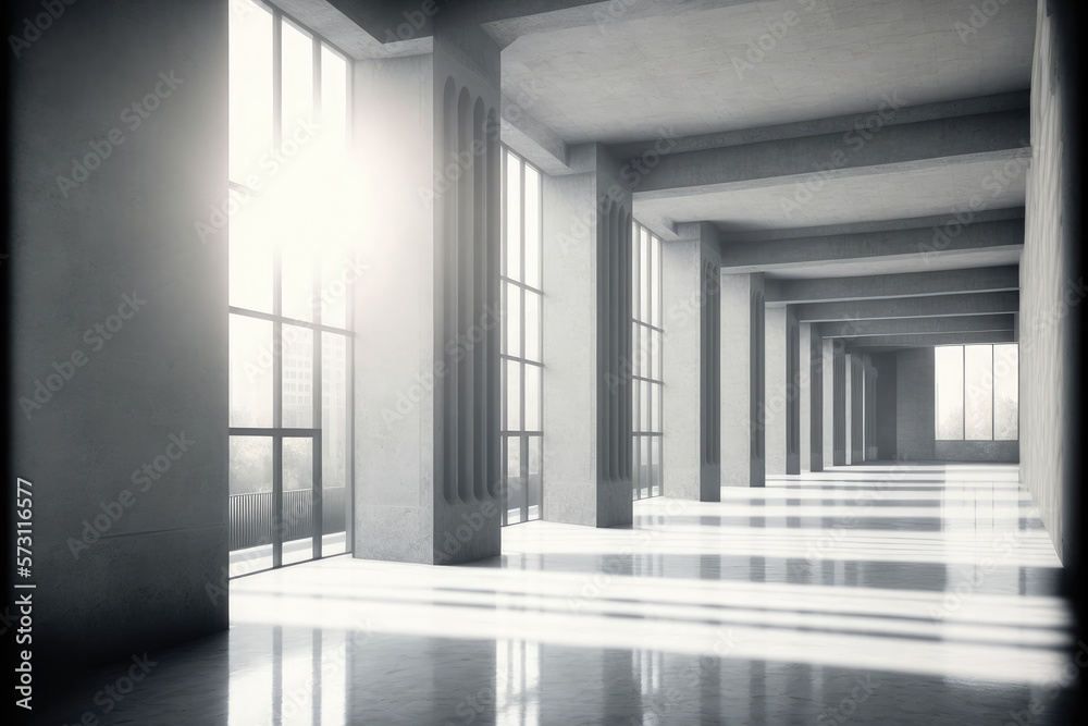 Large hall corridor inside office building background. Peculiar AI generative image.
