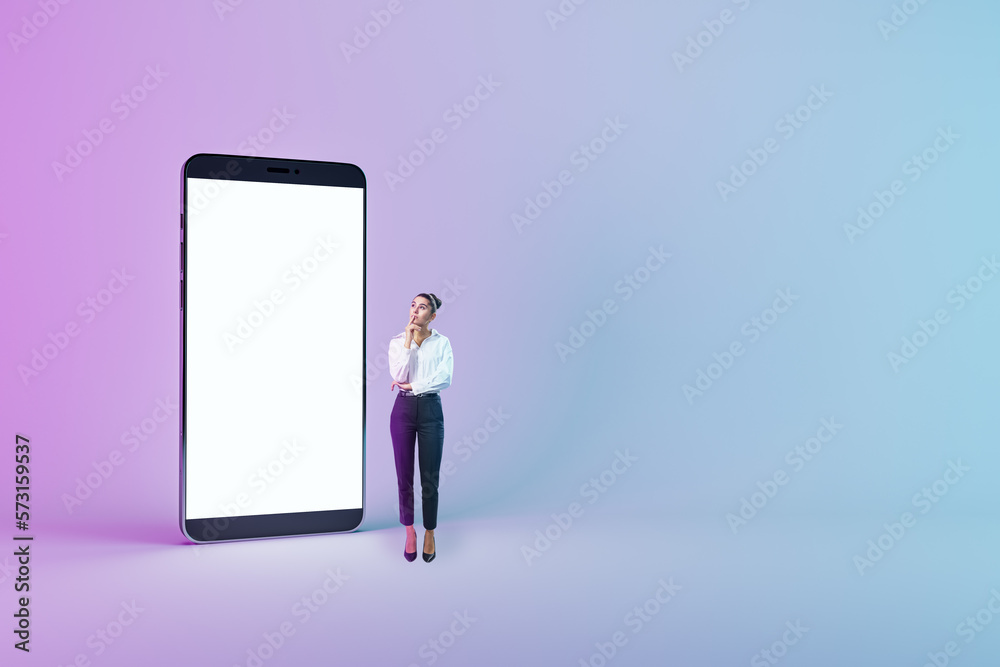 Online, digital and mobile application concept with pensive woman near huge modern smartphone with b