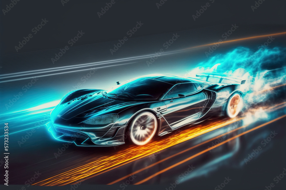 Speeding fast sports car drives on highway road with motion blur effects creating light trailing env