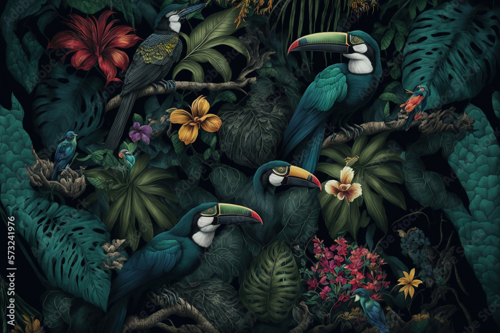 Various tropical leaves and birds exotic wallpaper design . Sublime Generative AI image .
