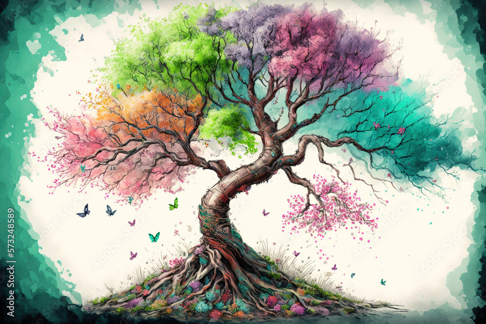 The tree of life in colorful spring watercolor painting style . Sublime Generative AI image .