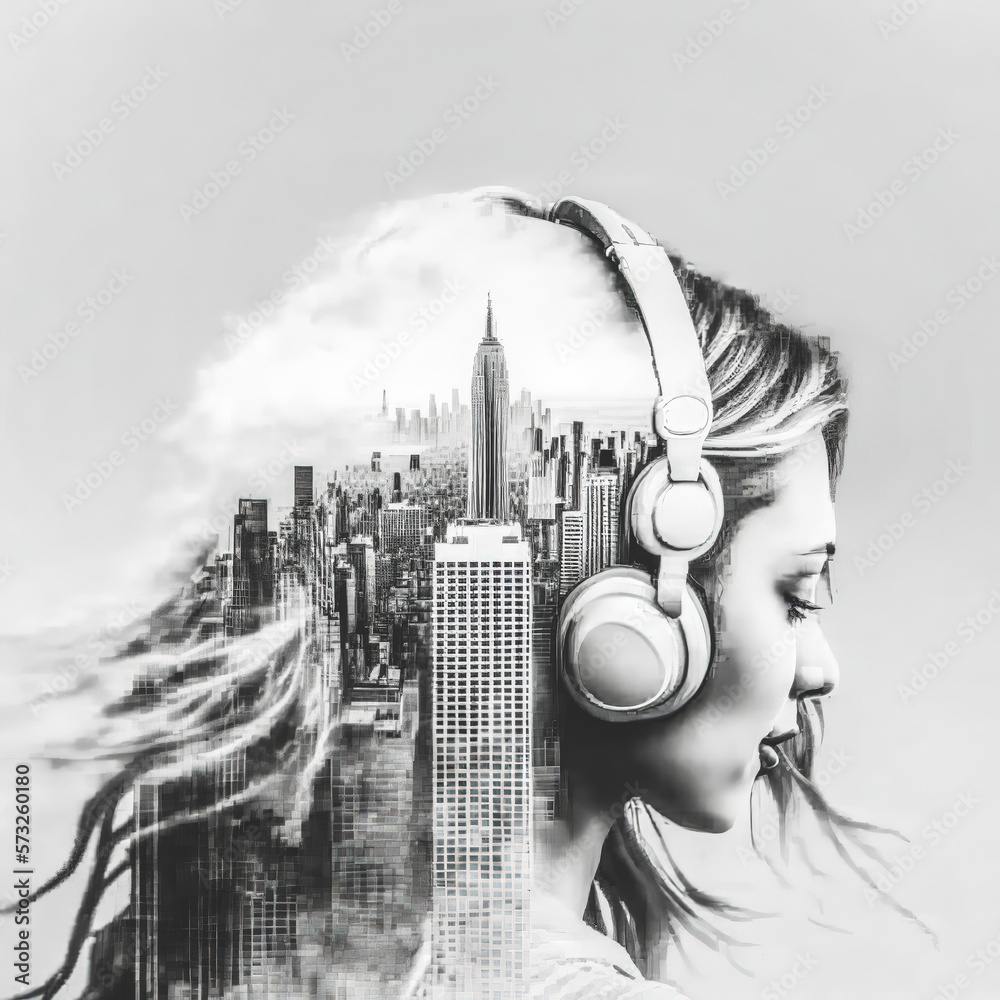 Sedate double exposure portrait of happy beautiful girl enjoying music in headphone concept with urb