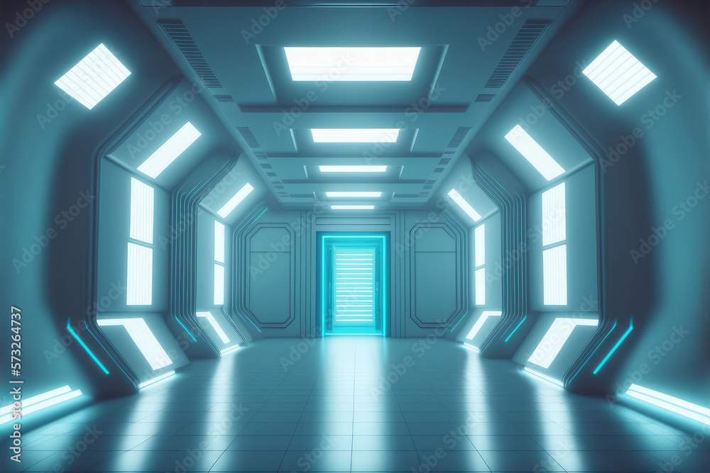 Empty sci-fi futuristic room of spaceship with blue light decoration . Super modern interior design.