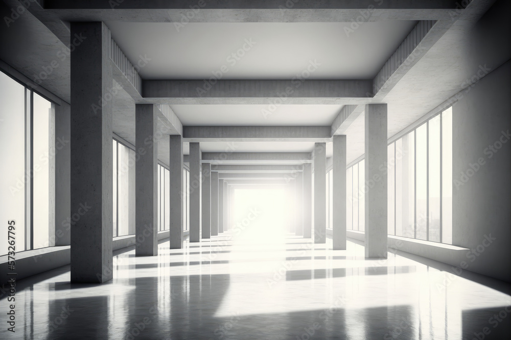 Large hall corridor inside office building background. Peculiar AI generative image.