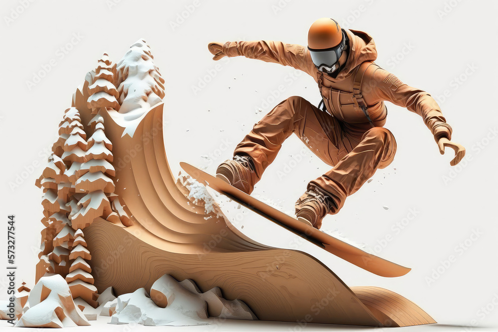 Realistic of a snowboarding on white background. The snowboarder man doing a trick. Carving. 3d illu