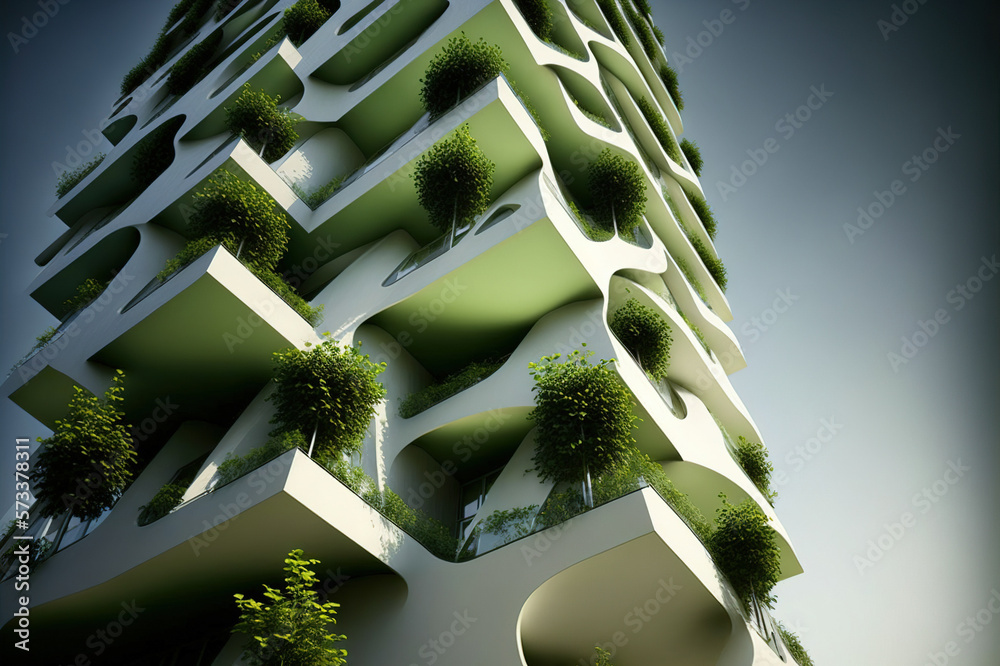 Eco-friendly green building with vertical garden design for sustainability . Sublime Generative AI i