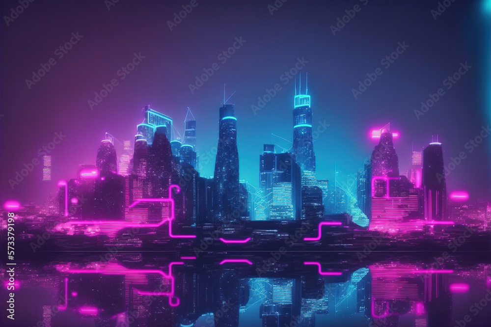 Futuristic city with neon light pink and blue illuminated skyline . Sublime Generative AI image .