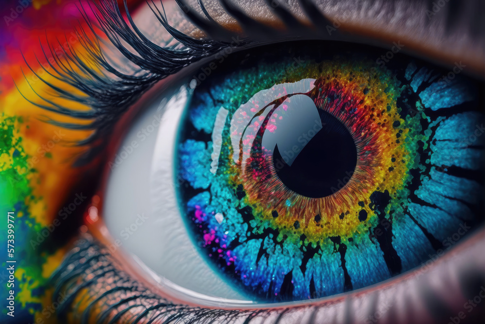 Close up view of female eye with multicolored eyeball and colorful makeup powder. Peculiar AI genera
