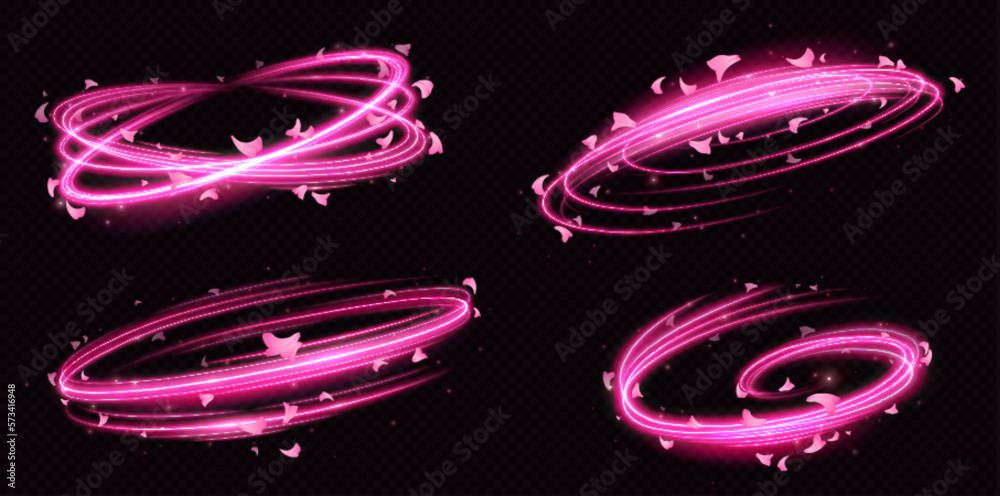 Pink motion light swirl and flying cherry flower petals isolated vector game element. Set of speed t