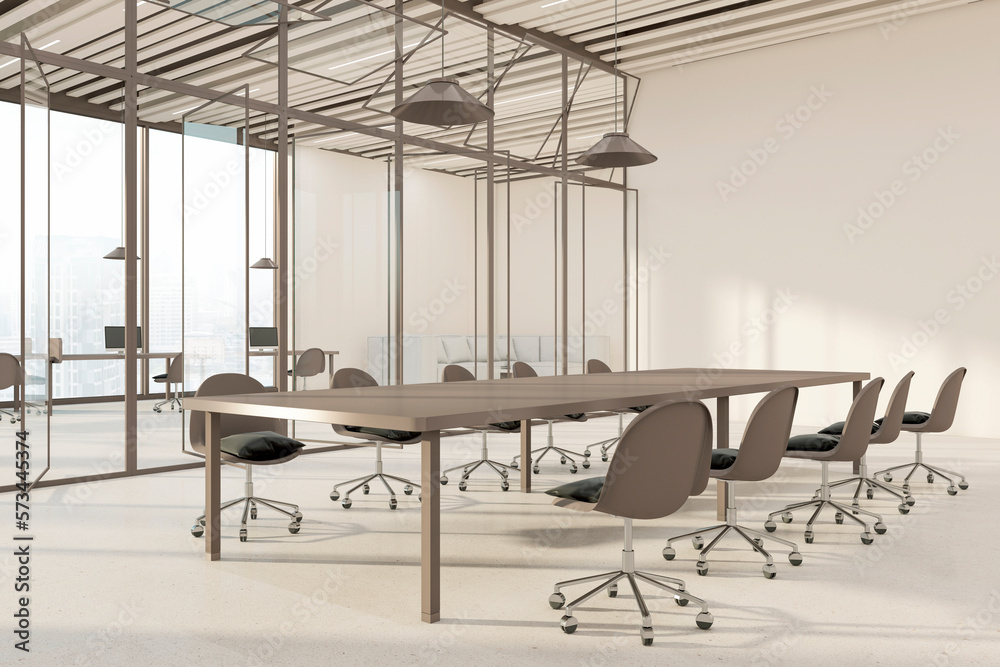 Perspective view on huge empty conference table surrounded by brown chairs in light spacious meeting